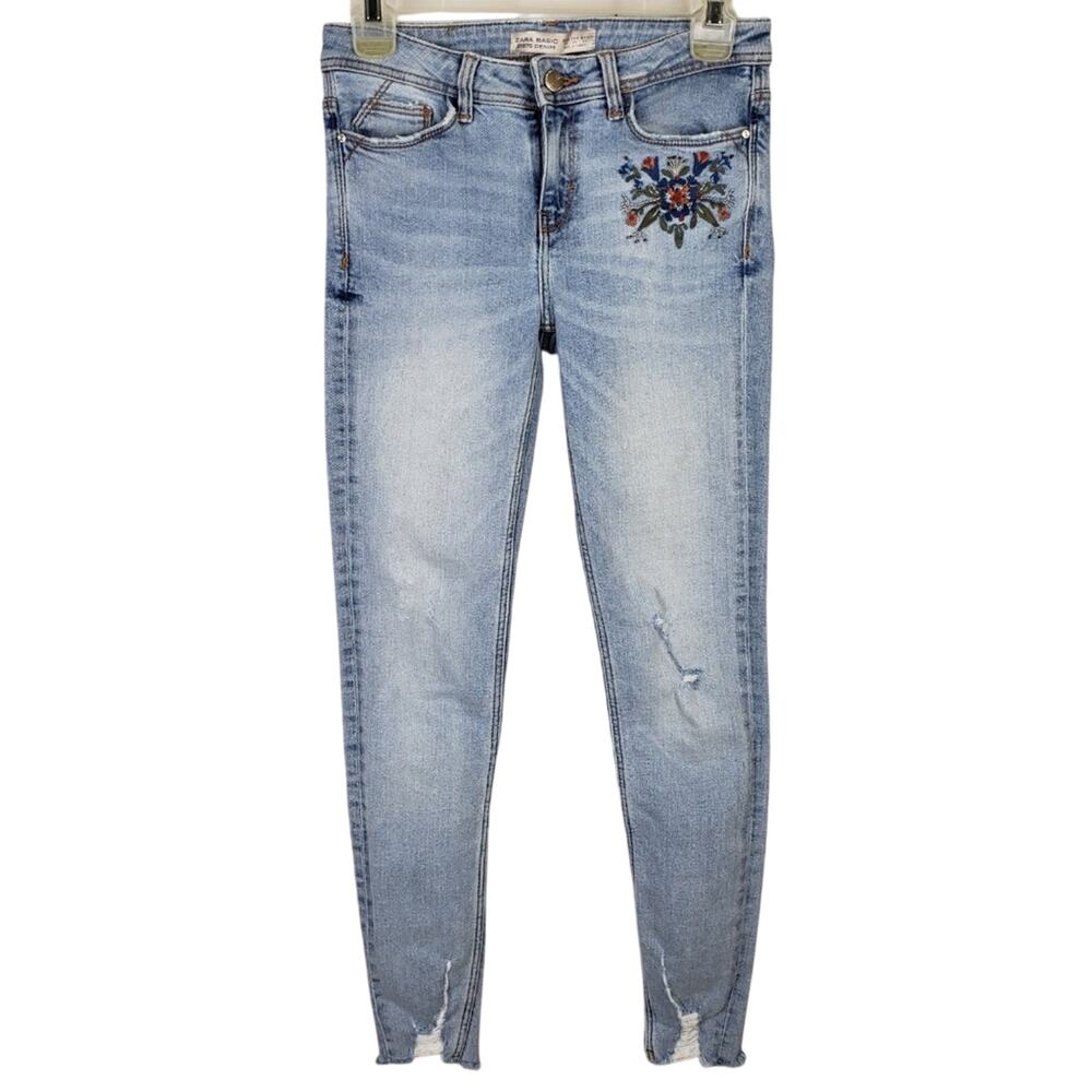 Zara Z1975 Floral Embroidered Ankle Frayed Jeans Size 2